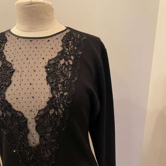 Kenar Black Lambs Wool Deep V Neck Sweater with Beading, & Lace / Womens Size M - Picture 2 of 12